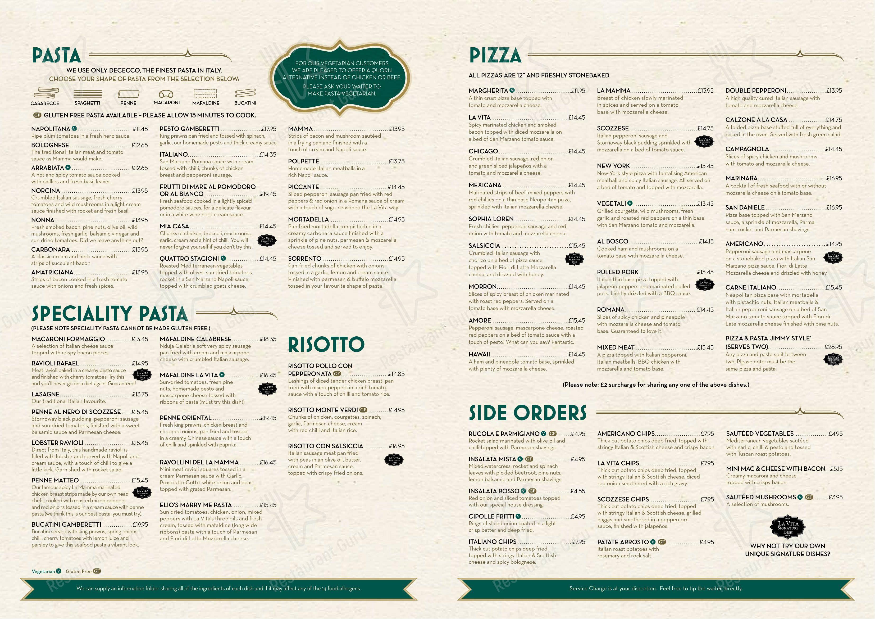 Menu at La Vita Barrachnie, Glasgow