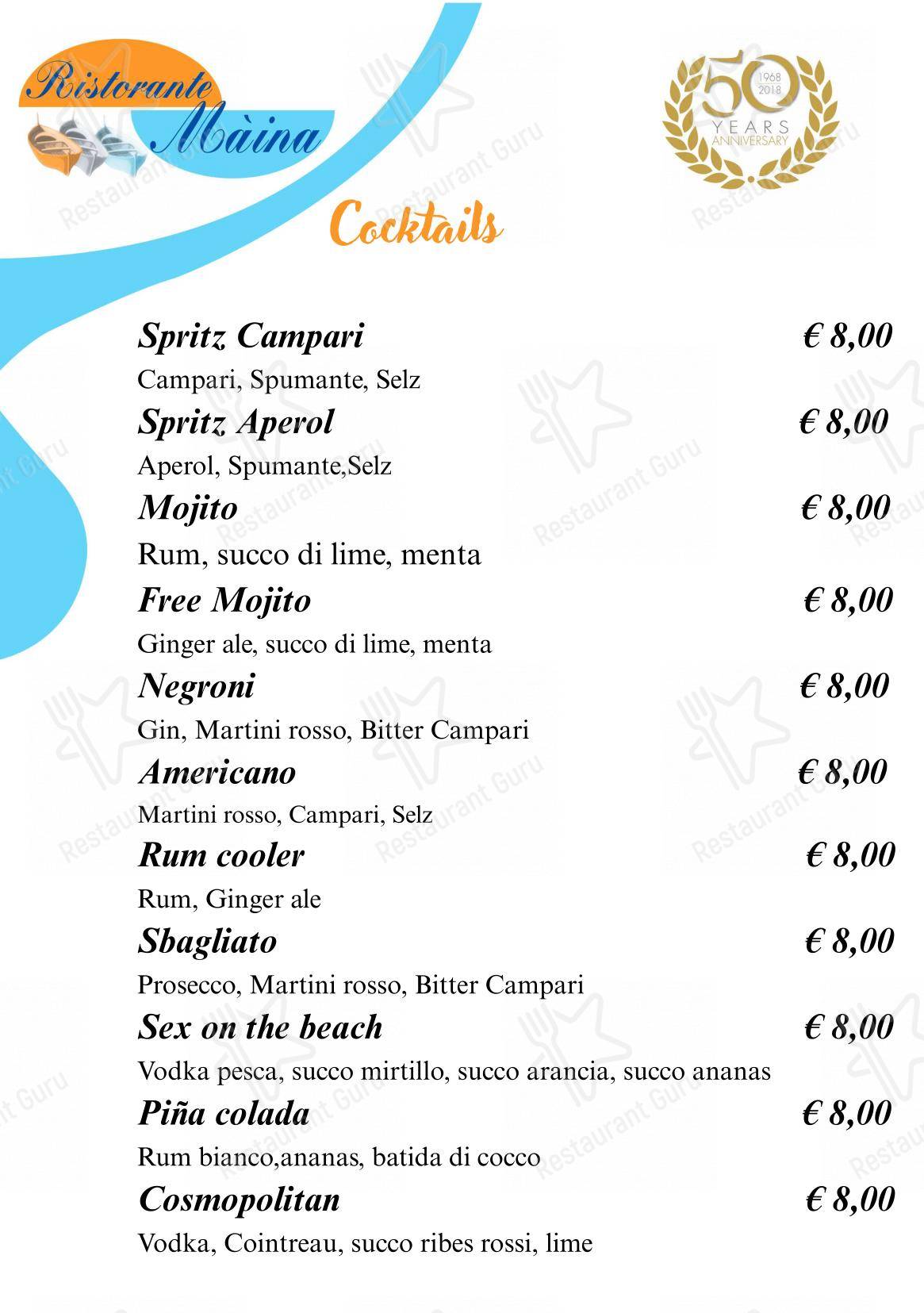 Menu di Bagni Olimpia - Ristorante Maina - Основное меню