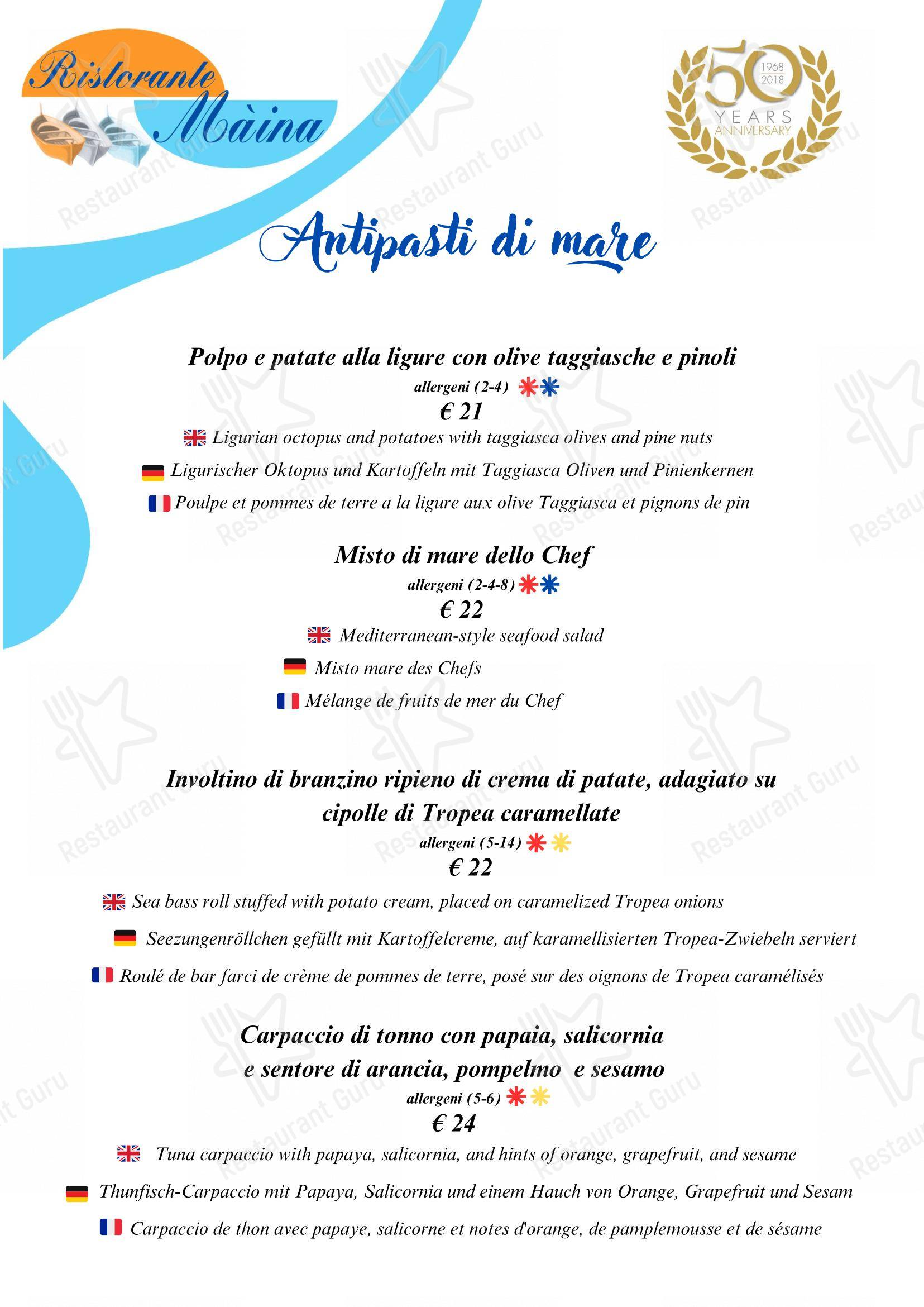 Menu di Bagni Olimpia - Ristorante Maina - Menu
