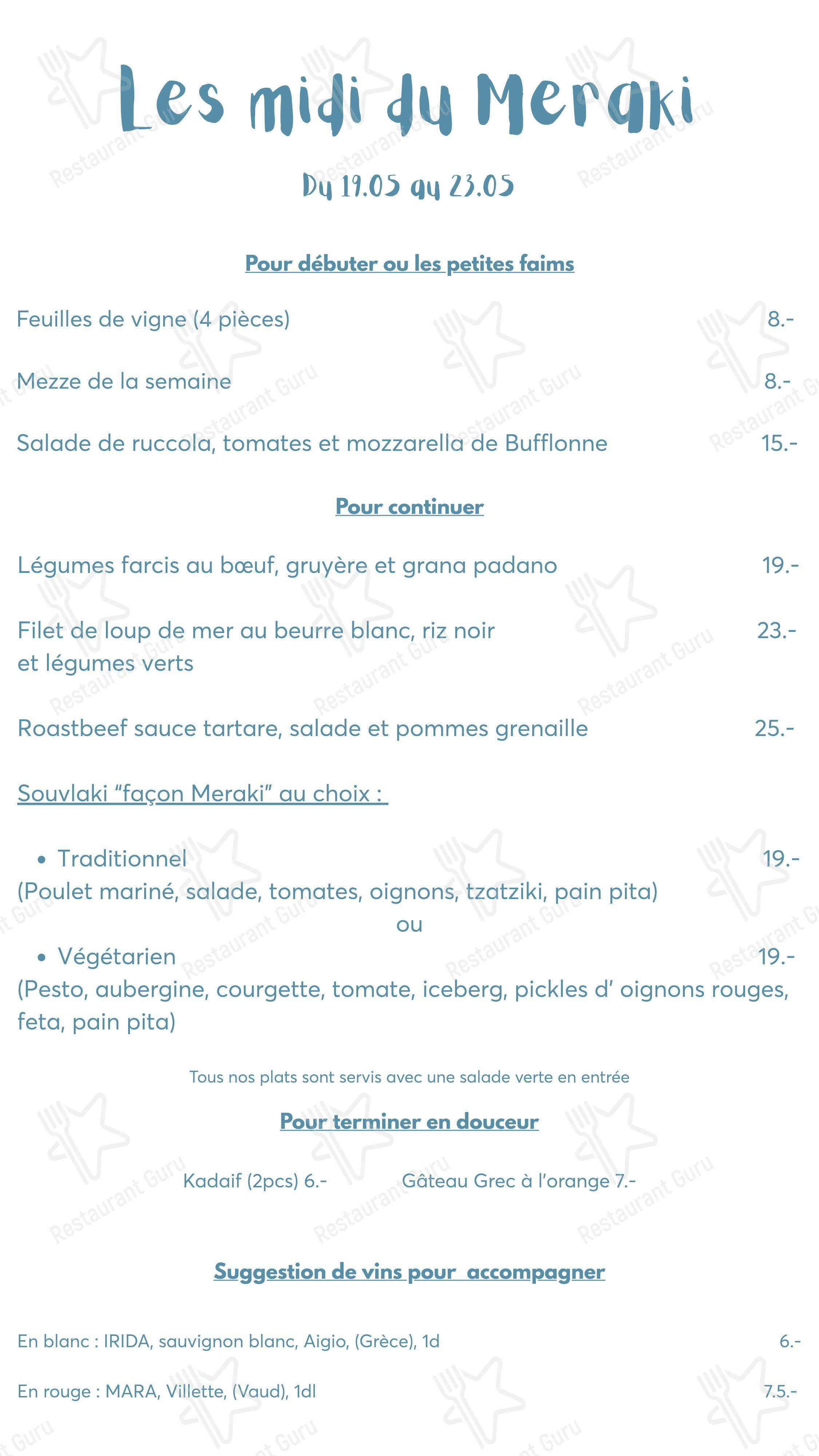 Menu pour Meraki dans Lausanne