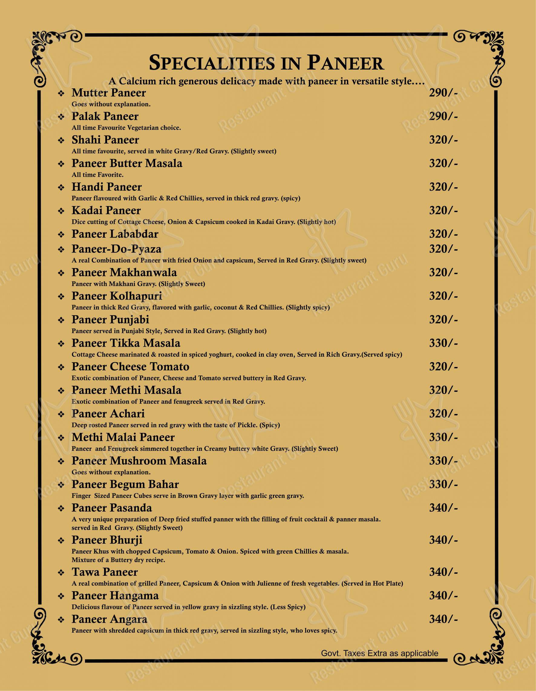 Menu for the Mishtten Club & Resort restaurant