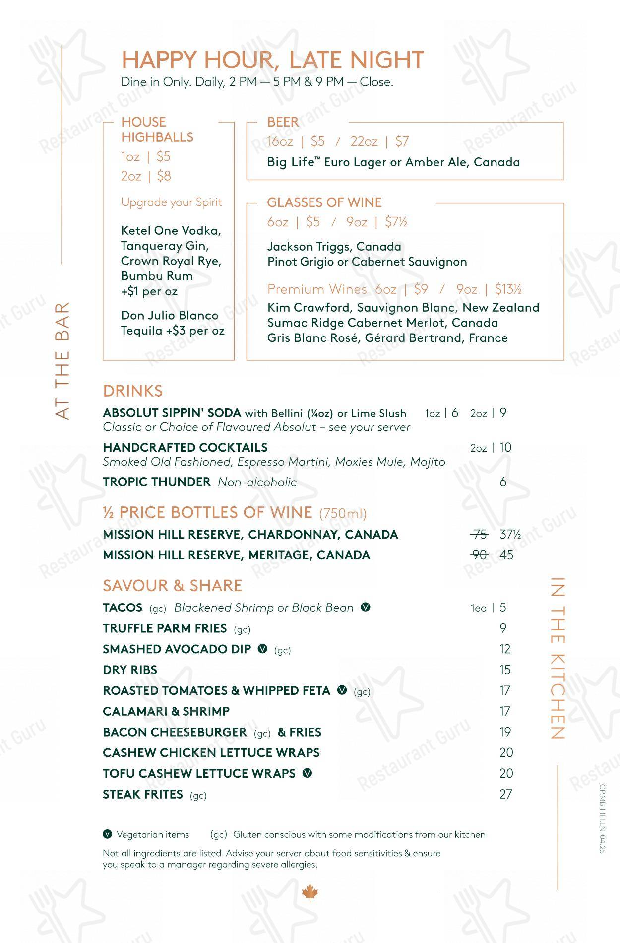 Takeaway Menu pour Moxies Polo Park Restaurant dans Winnipeg
