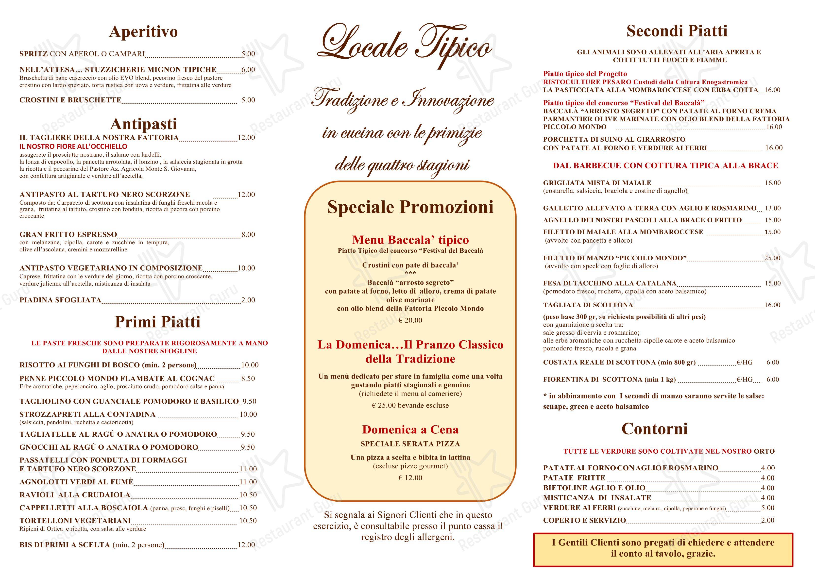 Piccolo Mondo in Mombaroccio - Menu