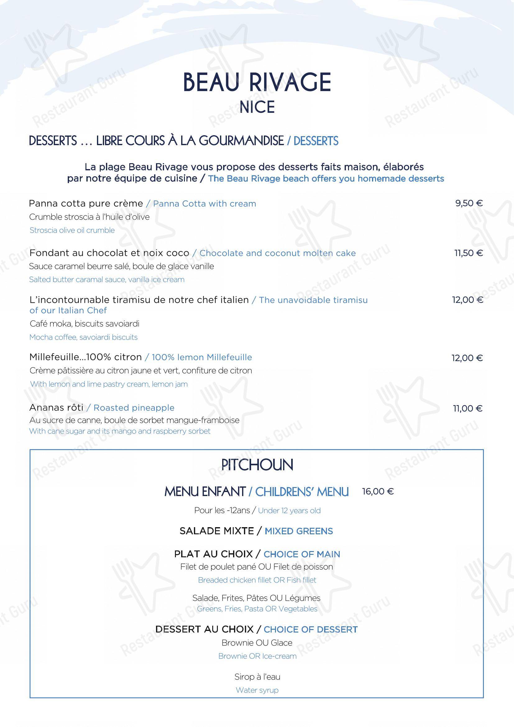 Menu pour Plage Beau Rivage Nice restaurant