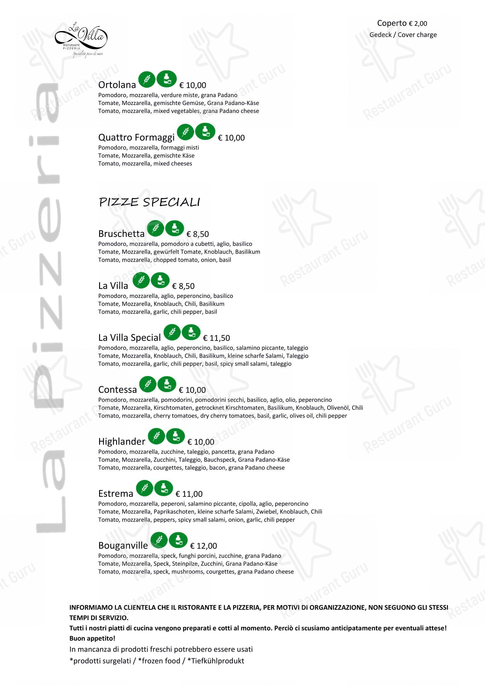 Menu di Ristorante Pizzeria La Villa - Menu bar