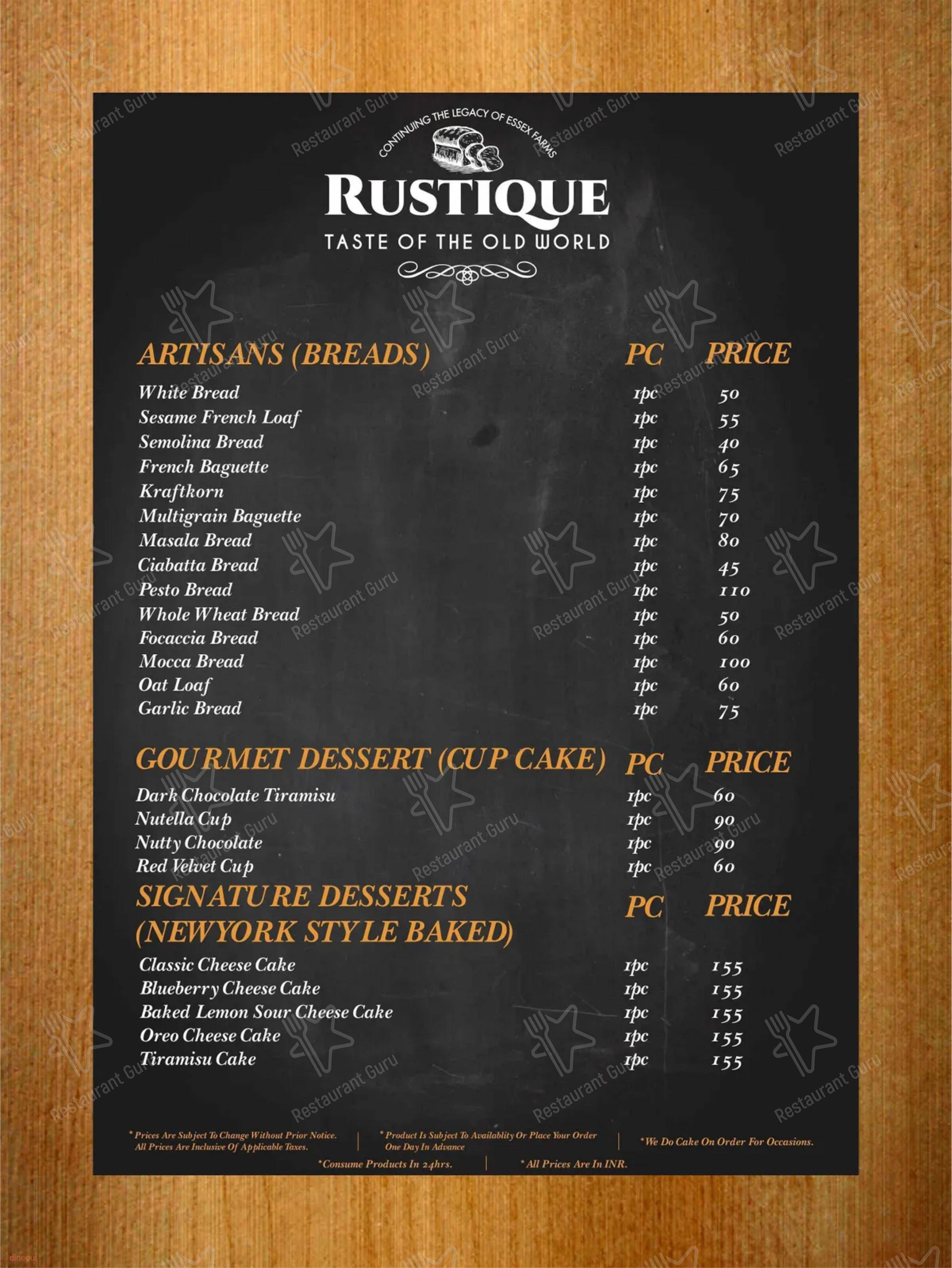 Menu for the Rustique - Cafe & Bar restaurant