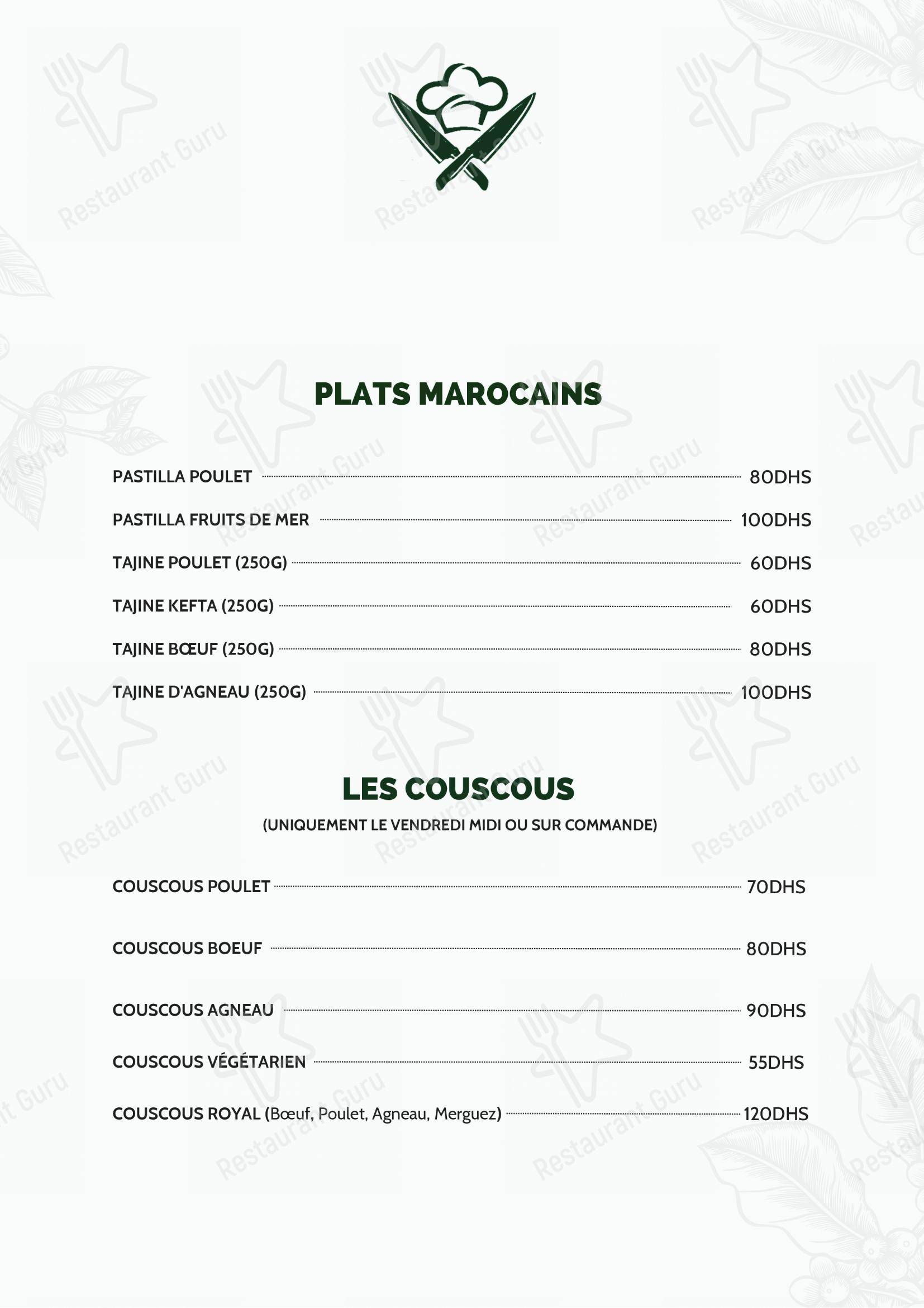 Menu pour Terre et Mer dans Labourse