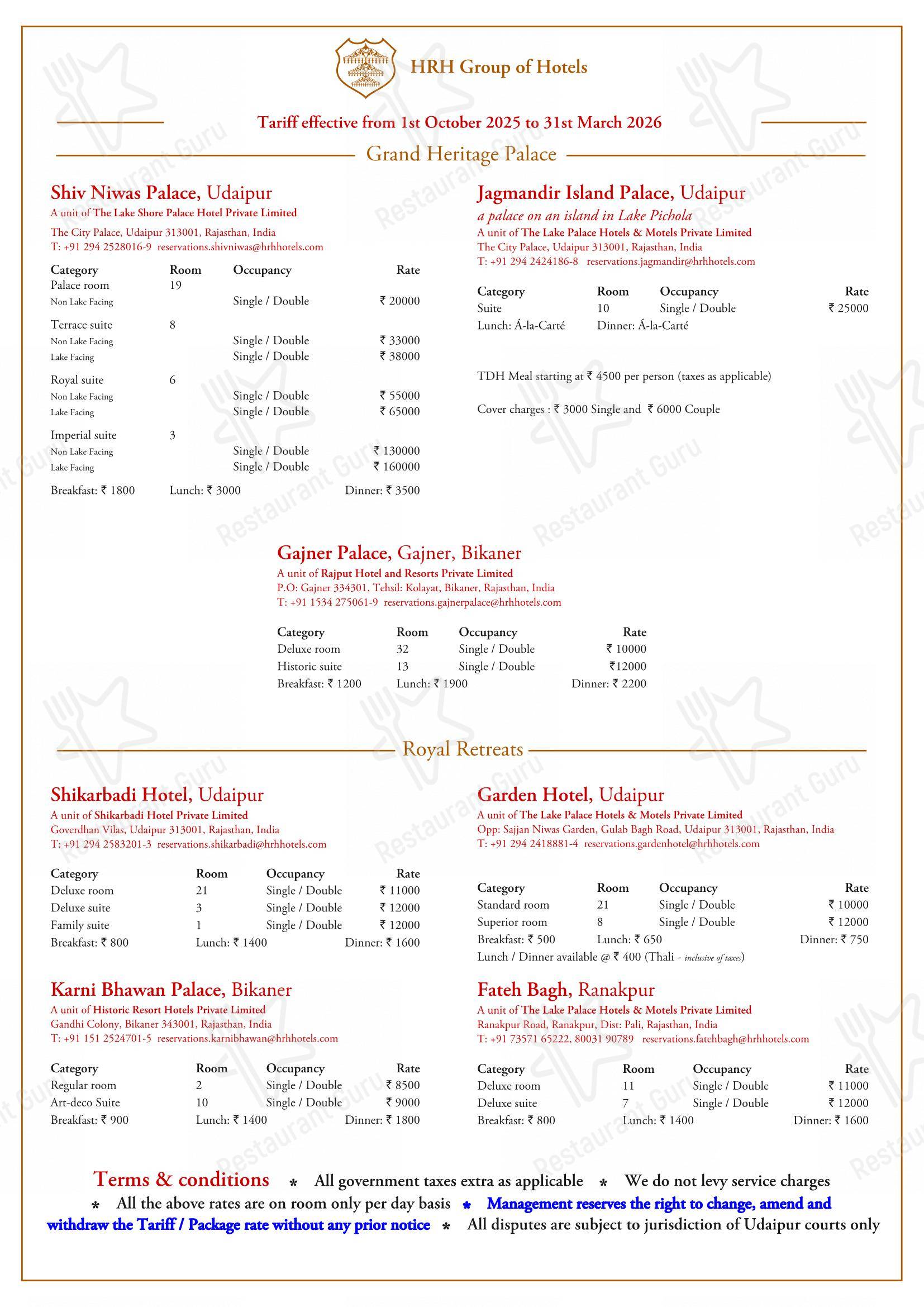菜单 for the The Sunset Terrace, Fateh Prakash Palace restaurant