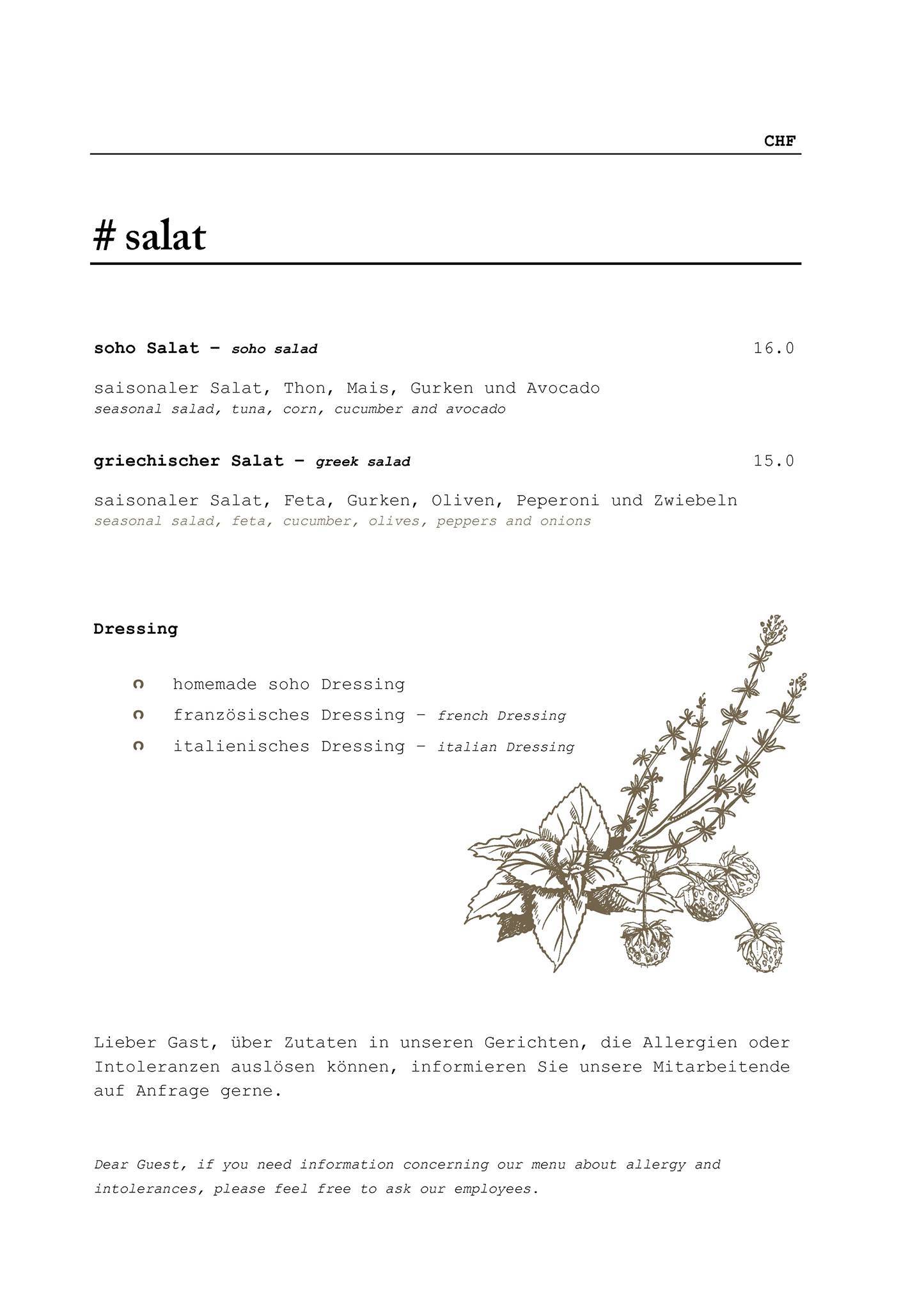 Menu de soho basel
