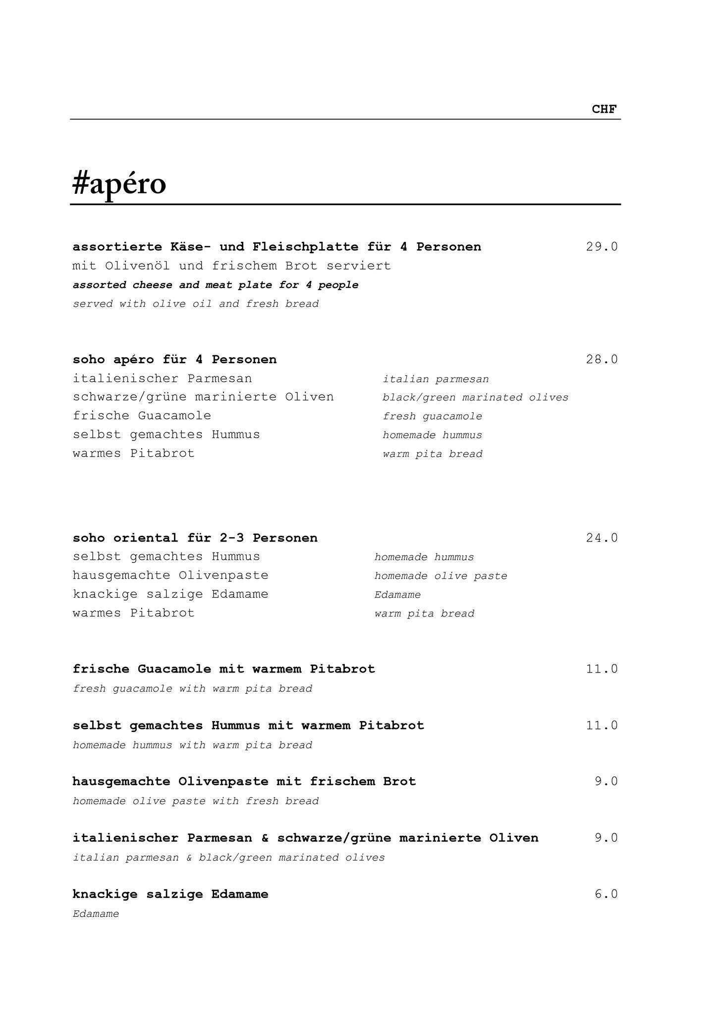 Menu de soho basel