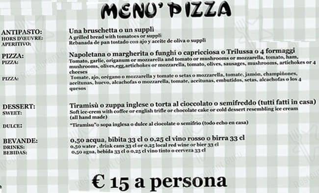 Menu di Ristorante Al Fontanone In Trastevere 